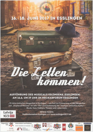 Die Letten kommen! 16. - 18. Juni 2017 in Esslingen [attēls]. Aufführung des musicals Eslingena (Esslingen) am 16.6. um 19 uhr im Neckarforum Esslingen / mākslinieks nezināms.