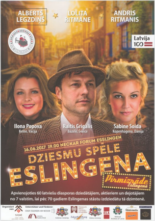 Dziesmu spēle Eslingena 16. 06. 2017[.] 19.00 Neckar Forum Esslingen [attēls]. Apvienojoties 60 latviešu diasporas dziedātājiem, aktieriem un dejotājiem no 7 valstīm, lai pēc 70 gadiem Eslingenas stāstu izdziedātu tā dzimtenē. / mākslinieks nezināms.