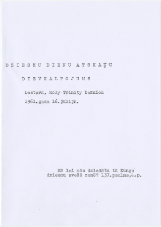 VI Anglijas latviešu dziesmu dienu atskaņu dievkalpojums Lesterā, Holy Trinity baznīcā 1961.gada 16.jūlijā