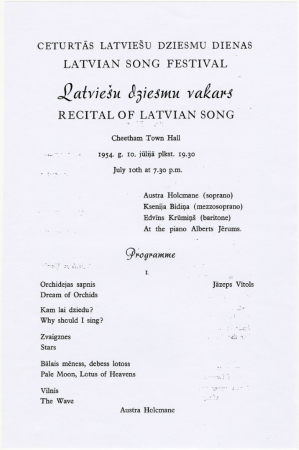 IV Anglijas latviešu dziesmu dienas = Latvian song festival, Latviešu dziesmu vakars = Recital of Latvian song, Cheetham Town Hall 1954.g. 10.jūlijā plkst.19.30 : programma