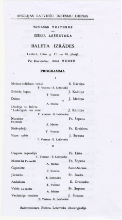 II Anglijas latviešu dziesmu dienas : Tatjanas Vestenes un Eižena Leščevska baleta izrādes Lesterā, 1950.g. 17. un 18.jūnijā, pie klavierēm Anna Medne : programma