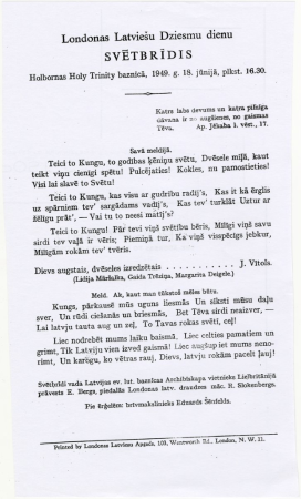 I Anglijas latviešu dziesmu dienas : Londonas Latviešu Dziesmu dienu svētbrīdis Holbornas Holy Trinity baznīcā, 1949.g.18.jūnijā, plkst.16.30