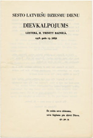 V Anglijas latviešu dziesmu dienas : Sesto Latviešu Dziesmu dienu dievkalpojums Lesterā, H.Trinity baznīcā, 1958. gada 13. jūlijā : programma