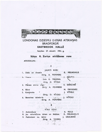 III Anglijas latviešu dziesmu dienas : Londonas Dziesmu dienas atskaņas Bradfordā Eastbrook hallē, Sestdien, 27. oktobrī 1951.g. : programma