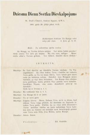 III Anglijas latviešu dziesmu dienas Londonā : Dziesmu Dienu Svētku Dievkalpojums St. Paul's Church, Onslow Square, S.W.7, 1951. gada 29. jūlijā plkst. 9.15. : programma
