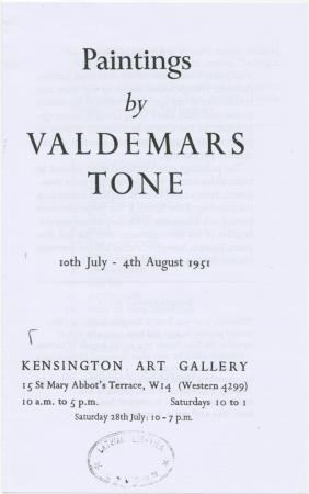 III Anglijas latviešu dziesmu dienas : Paintings by Valdemars Tone 10th July - 4th August 1951, Kensington Art gallery