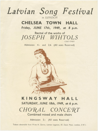 I Anglijas latviešu dziesmu dienas : Latvian Song Festival in London, Chelsea Town Hall, Friday, June 17th, 1949, at 8 p.m., Recital of the works of Joseph Wihtols. Kingsway Hall, Saturday, June 18th, 1949, at 6 p.m. Choral Concert