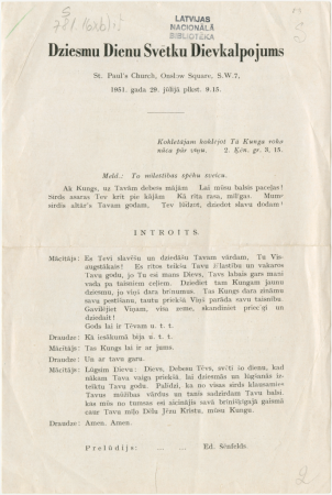 Dziesmu dienu Svētku dievkalpojums : St.Pauls's Church, Onslow Square, S.W.7. : 1951. gada 29. jūlijā plkst. 9.15