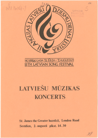 Latviešu mūzikas koncerts : St. James the Greater baznīcā, London Road, Granville Road sestdien, 2. augustā plkst. 14.30 : [programma]