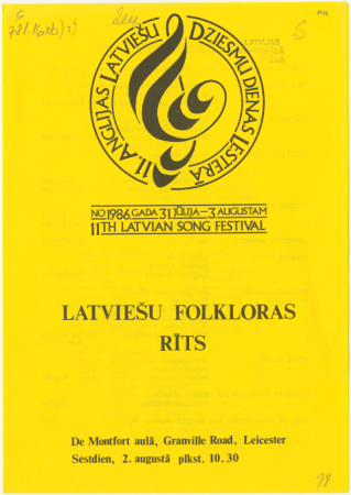 Latviešu folkloras rīts : De Montfort aulā, Granville Road, Leicester, sestdien, 2. augustā plkst. 10.30. : [programma]