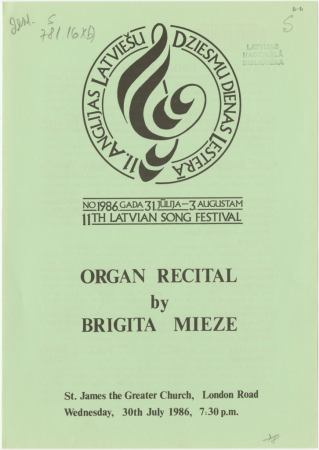 Organ Recital by Brigita Mieze : St. James the Greater Church, London Road Wednesday, 30st July 1986, 7:30 p.m. : [programma]