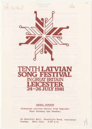 Choral Concert : ( Combined Latvian Choirs from Englend, West Germany and Sweden : De Montfort Hall, Granville Road, leicester Sunday, 26th July, 4:00 p.m. : [programma]
