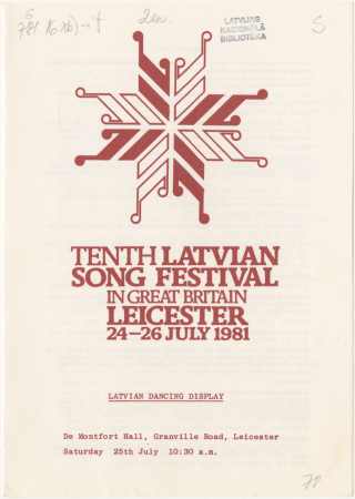 Latvian Dancing Display : de Montfort Hall, Granville Road, Leicester Saturday 25th July 10:30 a.m. : [programma]