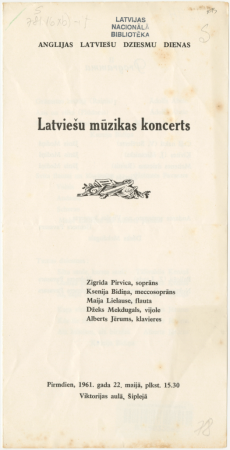 Latviešu mūzikas koncerts : pirmdien, 1961. gada 22. maijā, plkst.15.30 Viktorijas aulā, Šiplejā : [programma]