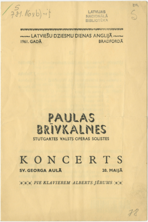 Paulas Brīvkalnes Stutgartes Valsts operas solistes koncerts : Sv. Georga Aulā 20. maijā ; pie klavierēm Alberts Jērums : [programma]