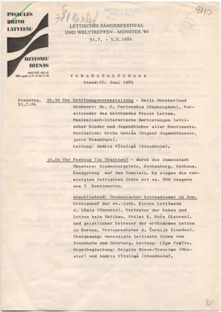 Lettisches Sängerfestival und Welttreffen-Münster '84 31.7.-5.8.1984 : Veranstaltungen : Stand: 15. Juni 1984 : [programma]