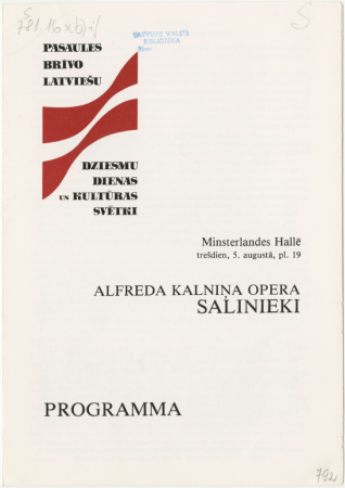 Alfreda Kalniņa opera "Salinieki": Minsterlandes Hallē trešdien, 5.augustā, pl.19 : programma