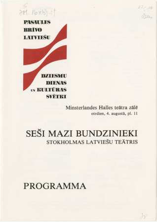Seši mazi bundzenieki : Stokholmas latviešu teātris Minsterlandes Halles teātra zālē otrdien, 4.augustā, pl. 11 : programma