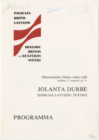 Jolanta Durbe : Sidnejas Latviešu teātris : Minsterlandes Halles teātra zālē trešdien, 5. augustā, pl. 11 : programma