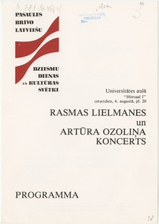 Rasmas Lielmanes un Artura Ozoliņa koncerts : Universitātes aulā "Hörsaal I" ceturtdien, 6. augustā, pl.20 : programma