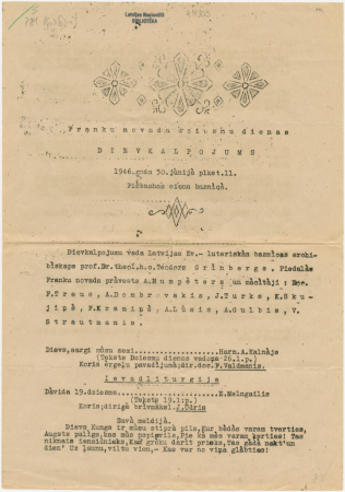 Franku novada dziesmu dienas : Dievkalpojums : 1946.gada 30.jūnijā plkst. 11. Fiśbachás ciema baznìcà