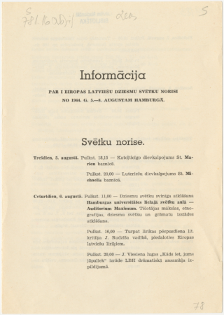 Informācija : par I Eiropas latviešu dziesmu svētku norisi no 1964.g. 5.-8. augustam Hamburgā