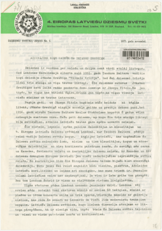 Dziesmu svētku ziņas Nr.1. 1975. gada novembrī : Aicinājums koŗu saimēm un dziesmu draugiem
