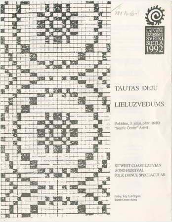 Tautas deju lieluzvedums : piektdien, 3.jūlijā, plkst. 16:00 "Seattle Center" Arēnā = XII West Coast Latvian Song Festival Folk Dance Spectacular,: Friday, July 3, 4:00 p.m. Seattle Center Arena : [programma]