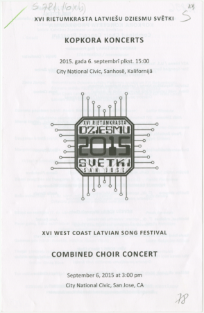 Kopkora koncerts : City National Civic, Sanhosē, Kalifornijā, 2015. gada 6. septembrī = Combined Choir Concert : City National Civic, San Jose, CA September 6, 2015 at 3:00 pm : [programma]