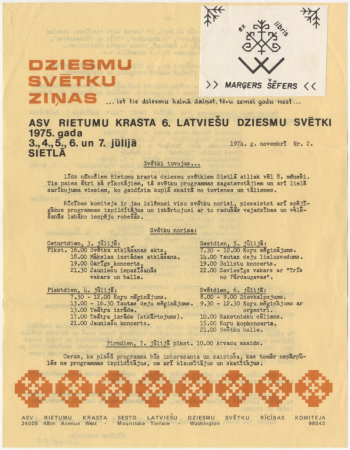 6. Rietumu krasta Latviešu dziesmu svētki Sietlā, 1975. gadā  : Dziesmu svētku ziņas : [skrejlapa]