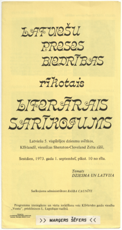 Latviešu Preses biedrības rīkotais "Literārais sarīkojums" Latviešu 5. vispārējos dziesmu svētkos Klīvlendā, 1973. gadā :  [buklets]