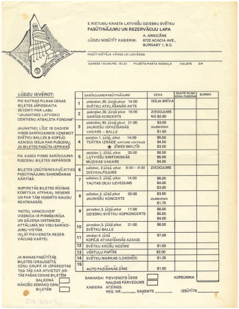 5. Rietumu krasta latviešu dziesmu svētku pasūtinājumu un rezervāciju lapa,1972. gadā Vankūverā, Kanādā : [veidlapa]