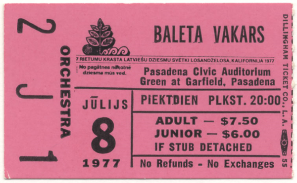 7. Rietumu krasta latviešu dziesmu svētki 1977. gadā Losandželosā : Baleta vakars : [biļete]