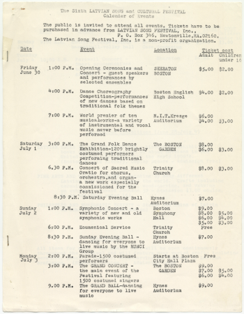 Sestie Vispārējie latviešu dziesmu svētki Amerikā, Bostonā, 1978. gadā : Svētku programma : [programma]