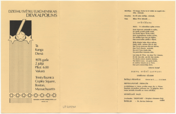 Sestie Vispārējie latviešu dziesmu svētki Amerikā, Bostonā, 1978. gadā : Eukumēniskais dievkalpojums : [brošūra]