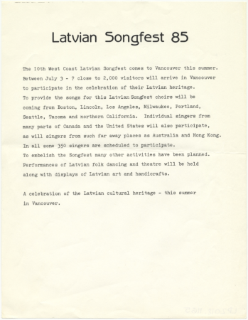 10. Rietumu Krasta Dziesmu svētki Vankūverā, 1985. gadā : Informatīva lapa
