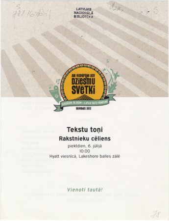 Tekstu toņi : Rakstnieku cēliens : piektdien, 6. jūlijā 10:00 Hyatt viesnīcā, Lakeshore balles zālē