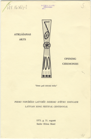 Atklāšanas akts : "Simtu gadi dziesmā tiekas " : pirmo vispārīgo latviešu dziesmu svētku simtgade = Opening Ceremonies : Latvian Song Festival Centennial : 1973. g. 31. augustā Statler Hilton Hotel