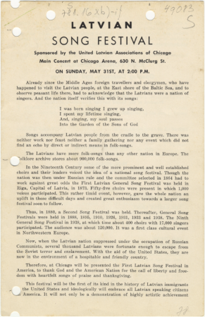 Latvian Song Festival : sponsored by the United Latvian Associations of Chicago. Main Concert at Chicago Arena, 630 N. McClurg St. On Sunday, May 31st, at 2:00 P.M.