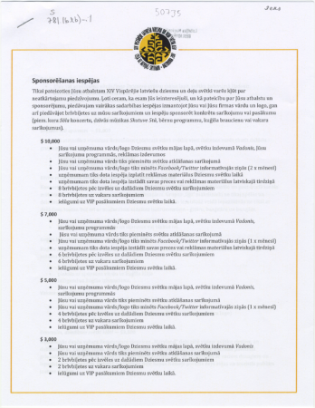 Sponsorēšanas iespējas : XIV Vispārējie latviešu dziesmu un deju svētki ASV : Ceļā uz simtgadi : Baltimora 2017