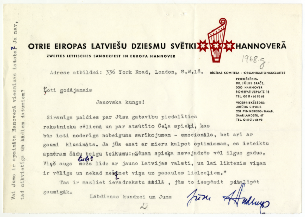 Vēstule Gunaram Janovskim: Otrie Eiropas latviešu Dziesmu svētki Hannoverā