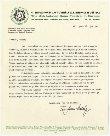 Vēstule Gunaram Janovskim: 4. Eiropas latviešu Dziesmu svētki