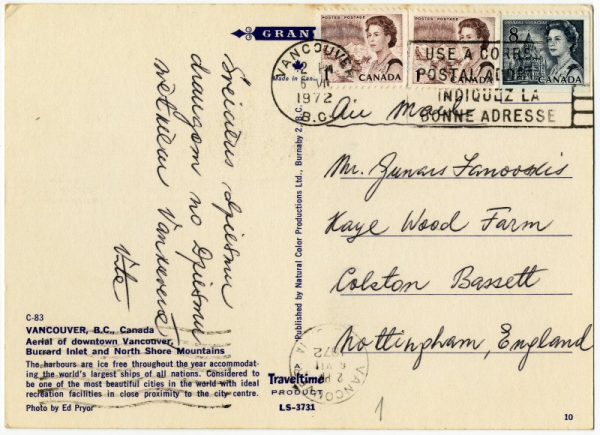 Gunaram Janovskim adresēta pastkarte