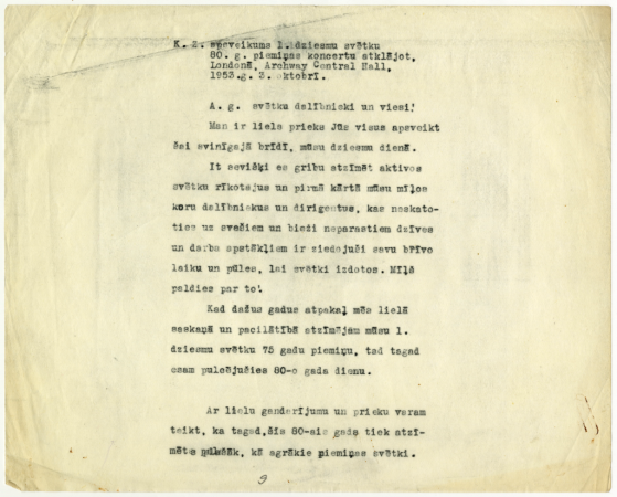 K. Z. apsveikums 1. dziesmu svētku 80. g. piemiņas koncertu atklājot, Londonā, Archway Central Hall, 1953. g. 3. oktobrī