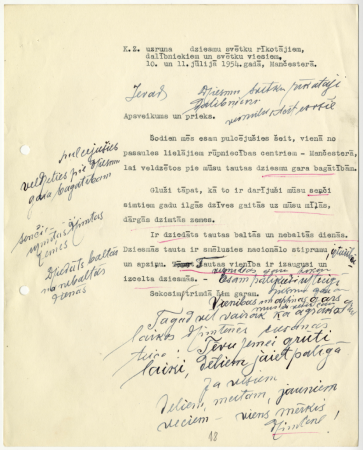 K. Z. uzruna Dziesmu svētku rīkotājiem, dalībniekiem un svētku viesiem, 10. un 11. jūlijā 1954. gadā, Mančestrā
