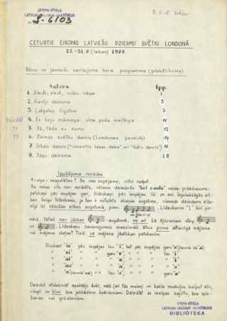Ceturtie Eiropas Latviešu Dziesmu svētki Londonā  : Bērnu un jauniešu sarīkojuma kora programma (priekšlikums)