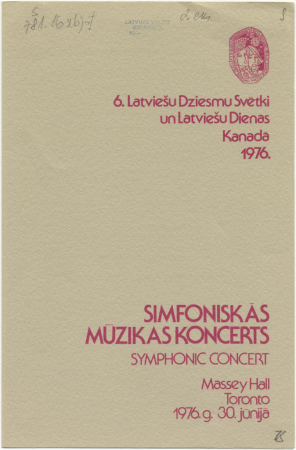 Simfoniskās mūzikas koncerts = Symphonic Concert : Massey Hall Toronto 1976. g. 30. jūnijā : [programma]