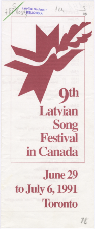 9th Latvian Song Festival in Canada June 29 to July 6, 1991 Toronto : [programma]