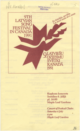 Kopkora koncerts : sestdien 6. jūlijā pl 16:00 Maple Leaf Gardens = Concert of Festival Choirs : Saturday 6 july 4pm Maple Leaf Gardens : [programma]