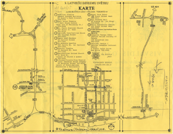 9. latviešu dziesmu svētku karte : no 29. jūnija līdz 7. jūlijam -Toronto. Ita Ozols: gleznas. Visvaldis Ozols : koktēlniecības darbu skate'91